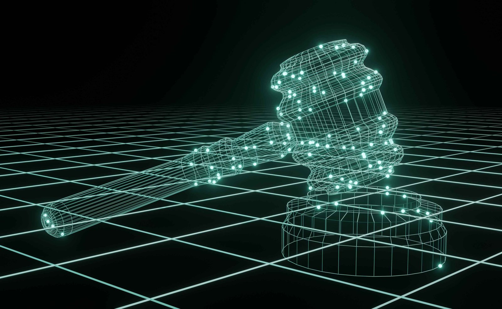 Digital wireframe illustration of a gavel